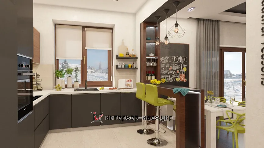 Энергия весны в сдержанном интерьере кухни-студии