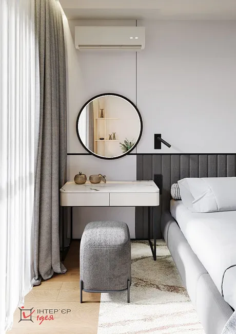 Современный минимализм в спальне 14 м2 с террасой