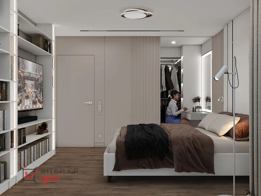 Спальня в кольорі моко з суміжною гардеробною кімнатою