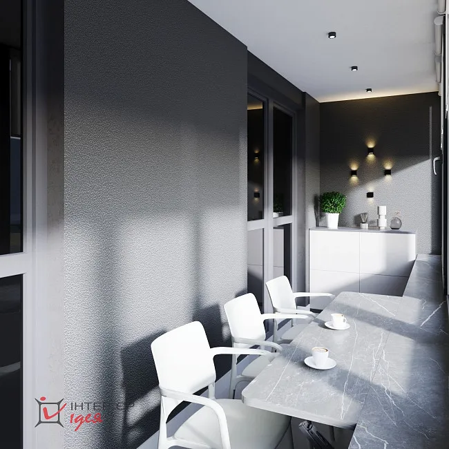 Современный минимализм в кухне-студии 28 м2, с балконом