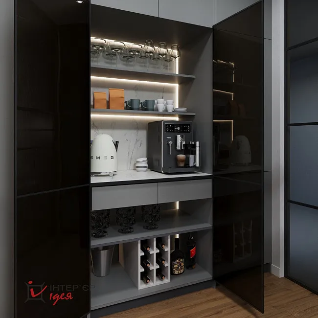 Современный минимализм в кухне-студии 28 м2, с балконом