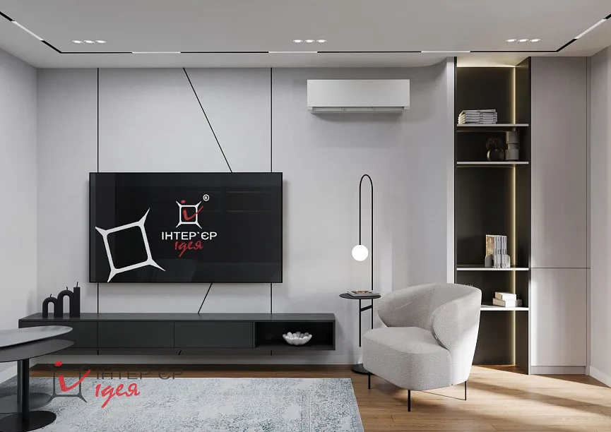 Современный минимализм в кухне-студии 28 м2, с балконом