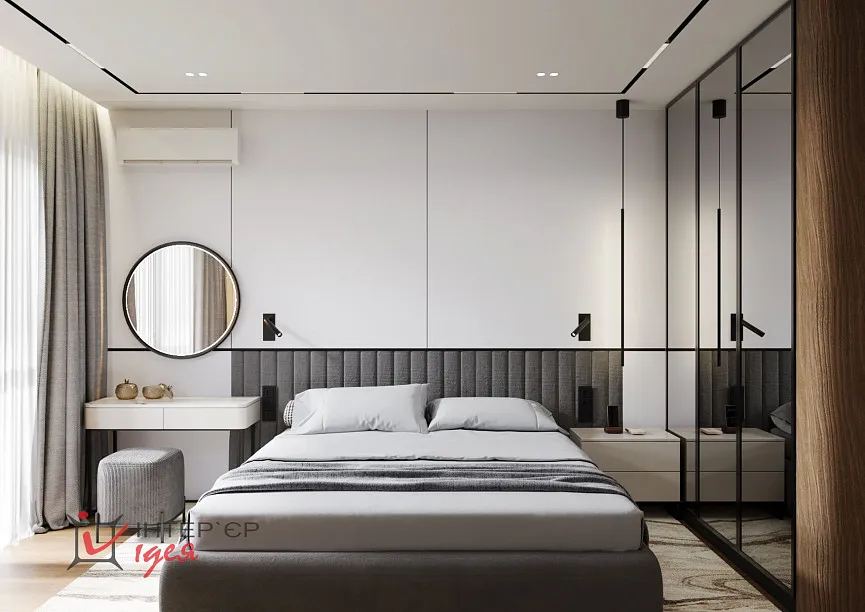 Современный минимализм в спальне 14 м2 с террасой