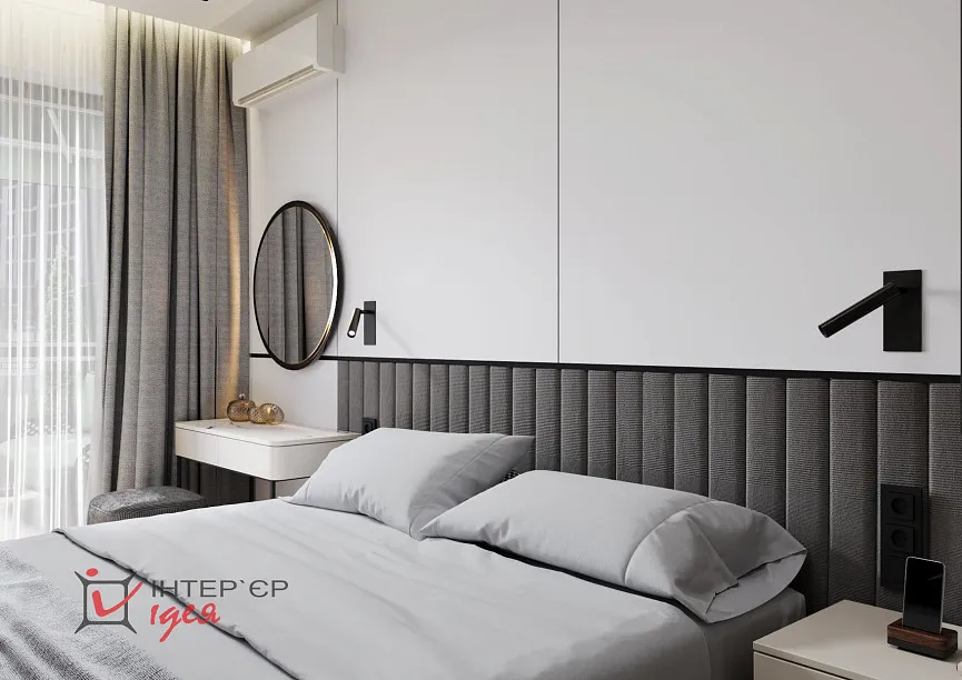 Современный минимализм в спальне 14 м2 с террасой