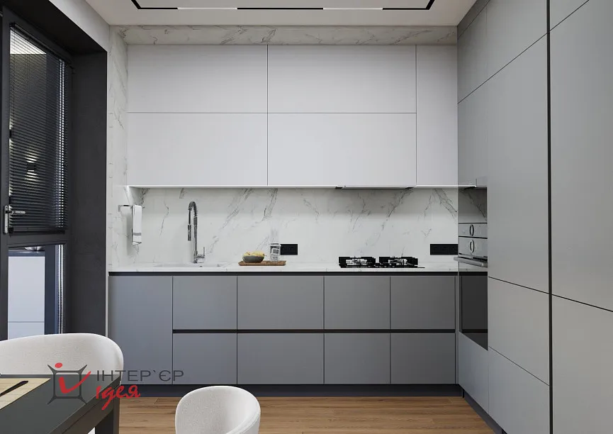 Современный минимализм в кухне-студии 28 м2, с балконом