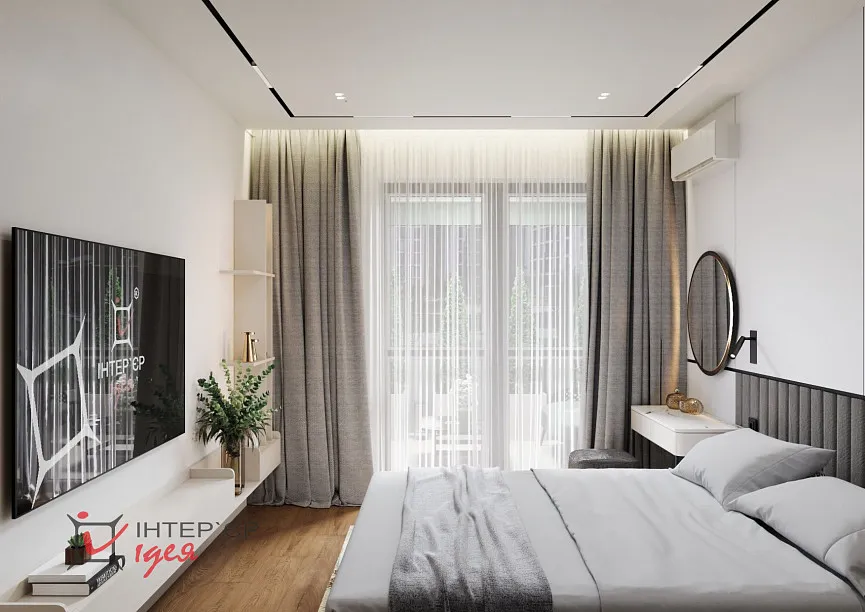 Современный минимализм в спальне 14 м2 с террасой